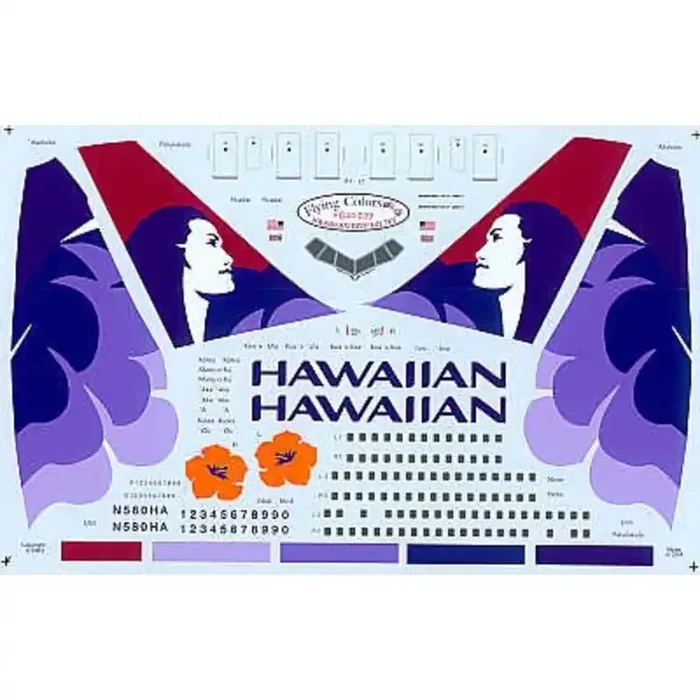 Calcomanía Boeing 767 HAWAIIAN Airlines 2002 scheme. All Registration and names. Revised and reprinted for use on either the Rev
