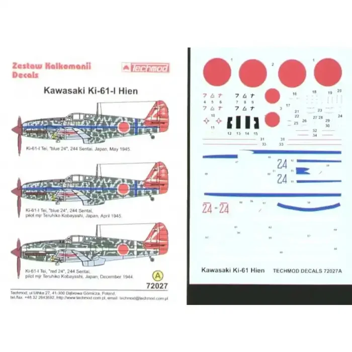 Calcomanía Kawasaki Ki-61-I Hien (3) `Blue 24′ 244 Sentai April and May 1945 `Red 24′ 244 Sentai December 1944
