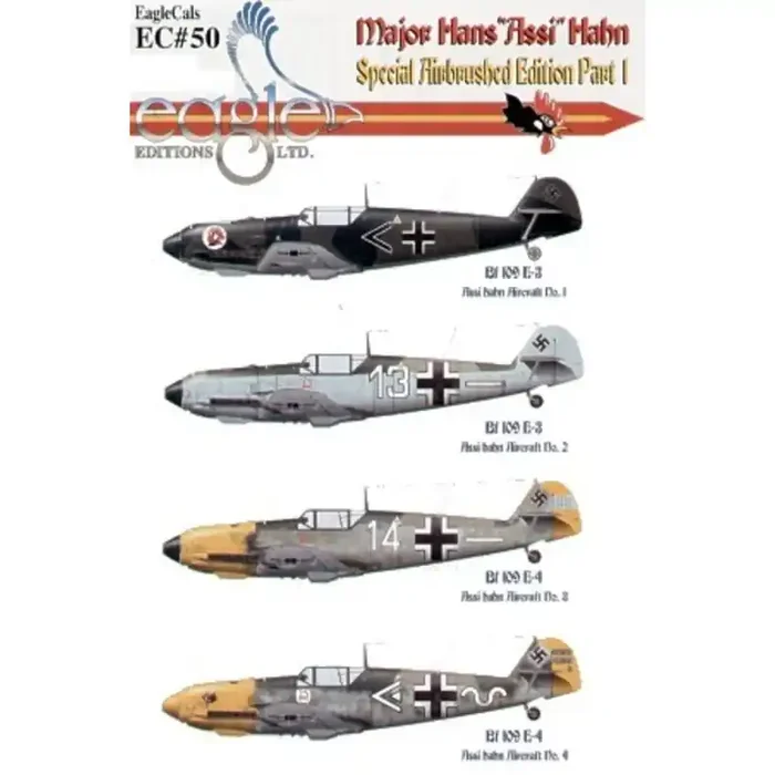 Calcomanía Major Hans ′Assi′ Hahn Part 1 Messerschmitt Bf 109E (4) E-3 StabI./JG3 Merseburg Germany 1939 E-3 White 13 4./JG2 Nor