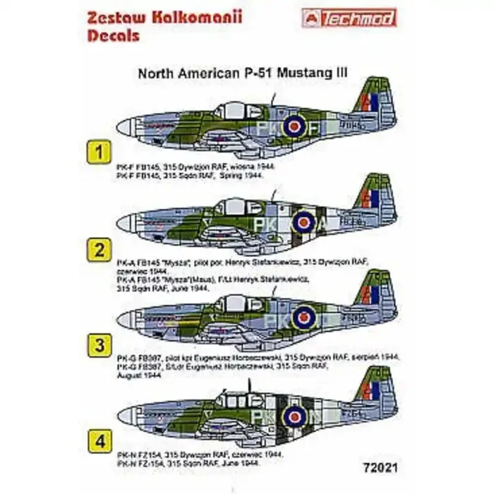 Calcomanía North American P-51B Mustang III (4) 315 Polish Squadron 1944. FB398 PK-A FZ154 PK-N both with D-Day stripes FB145 PK