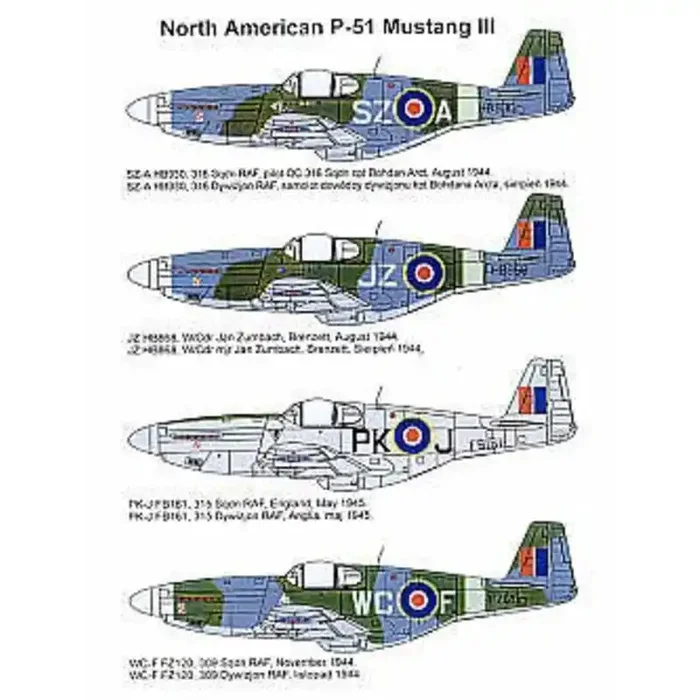Calcomanía North American P-51B Mustang III (4) HB930 SZ-A 316 Squadron HB868 JZ FZ120 WC-F 309 Squadron all camouflage. FB161 P