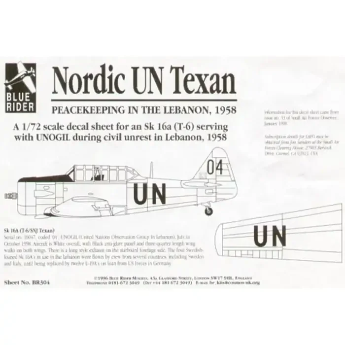 Calcomanía North American T-6 Texan (1) 16047 coded 04 with United Nations (UN) Observation Group in Labanon 1958