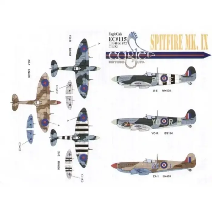Calcomanía Supermarine Spitfire Mk.IX (3) BS104 YO-R 401 Squadron RCAF F/O T.K.Ibbotson Nose art 1942 MK636 2I-E 443 Squadron RC
