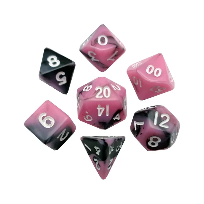 FanRoll – Sharp Mini Pink/Black with White Numbers dice pack (7)