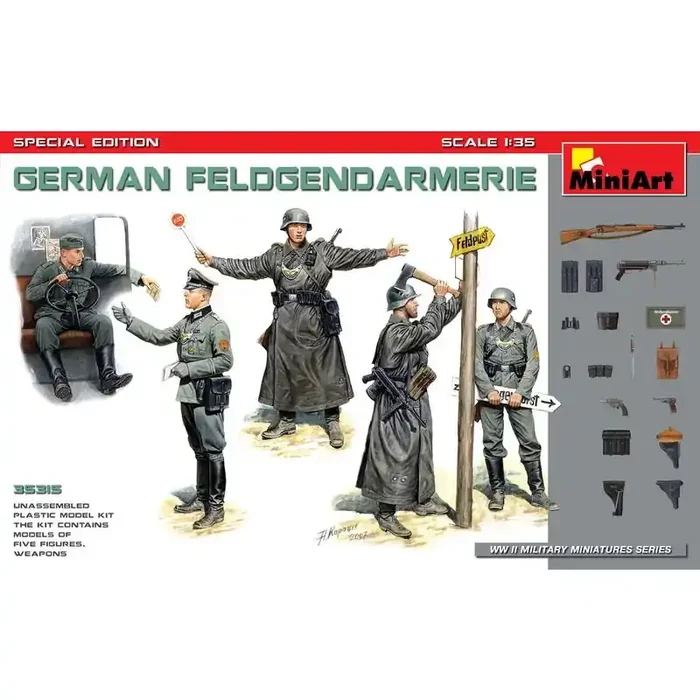 Feldgendarmie alemán.EDICIÓN ESPECIAL Contenido del kit 5 figuras de feldgendarmería alemana con arma, equipo y señales de tráfi