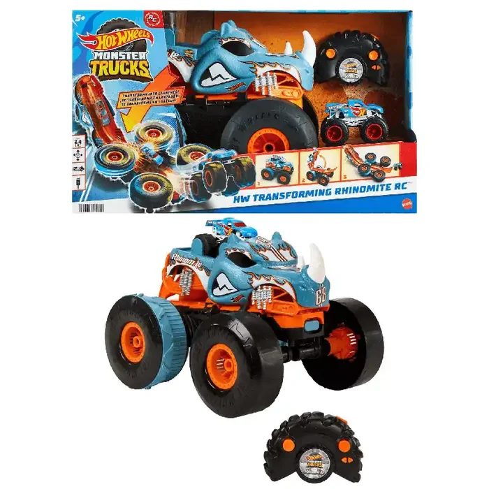 Hot Wheels Monster Trucks HW Transforming Rhinomite RC a escala 1 12 con camión de juguete Race Ace
