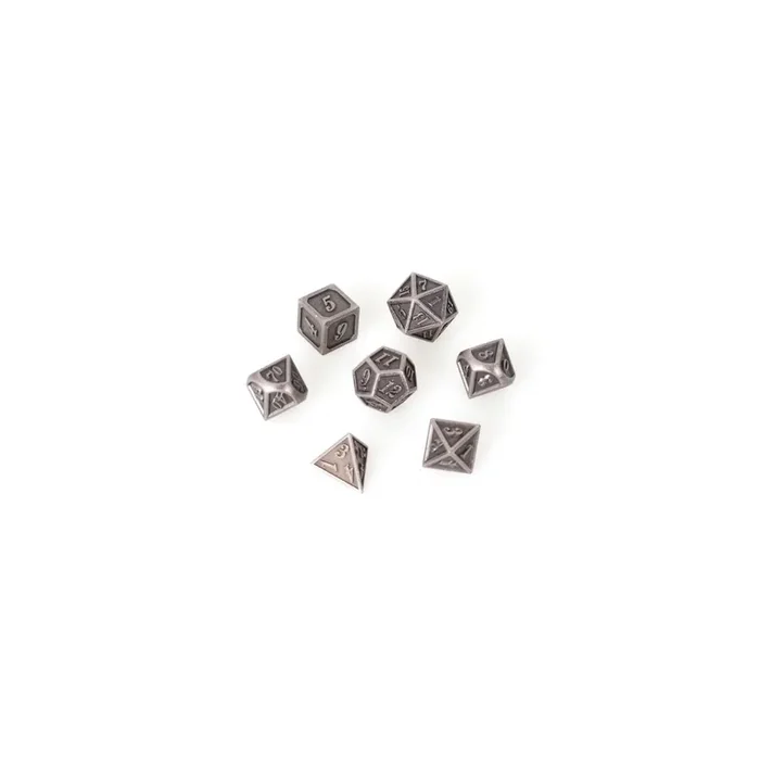 Juego de 7 dados metálicos 14mm (caja metálica) – Plata perfilado