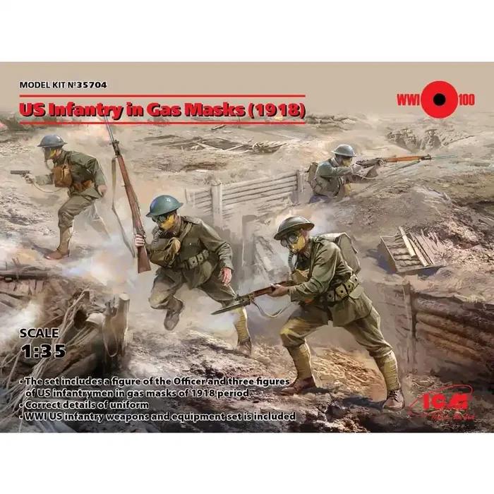 US Infantry in Gas Masks (1918) (4 figures) • The set includes a figure of the Officer and three figures of US infantryme